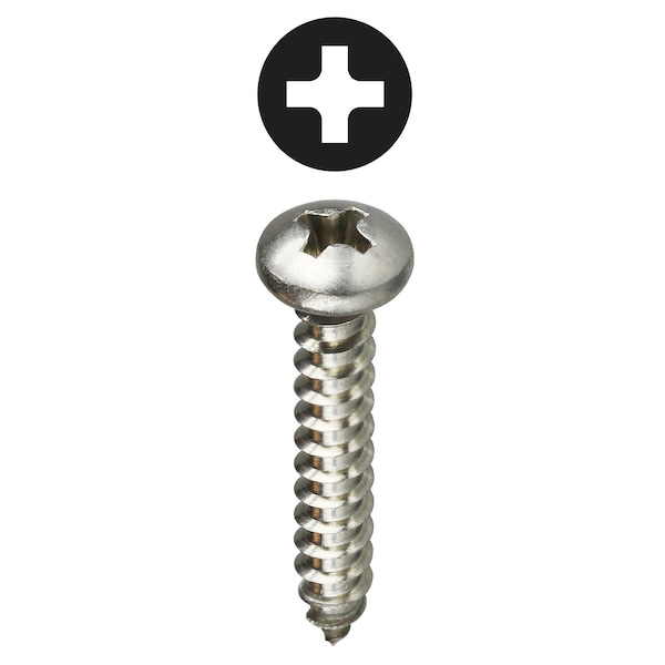 Sheet Metal Screw, #10 x 1 in, 18-8 Stainless Steel Pan Head Phillips Drive, 100 PK